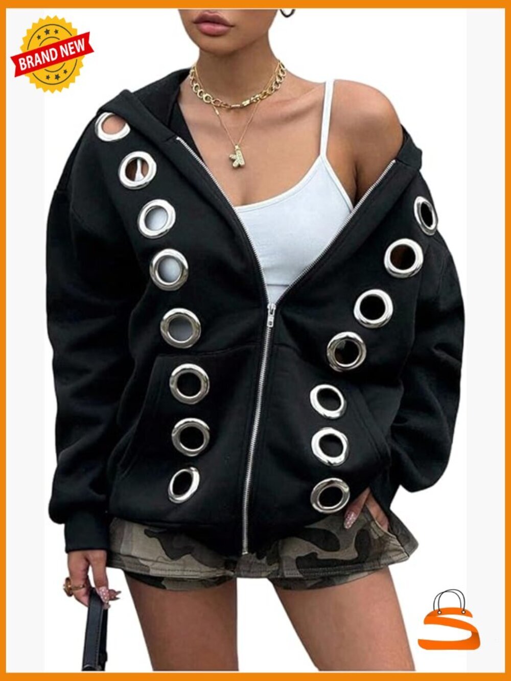 Zip Up Hoodie Sweatshirt Punk Grommet Eyelet Oversized Y2K Streetwear